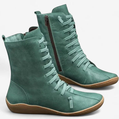 Bottes Femmes à Talon Plat avec Fermeture Éclair et Lacets Confortables
