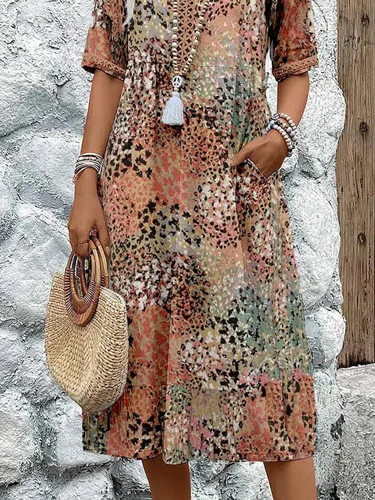 Robe midi Femme Fluide Imprimée Col en V Manches Courtes
