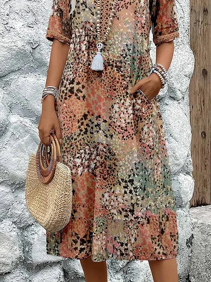 Robe midi Femme Fluide Imprimée Col en V Manches Courtes