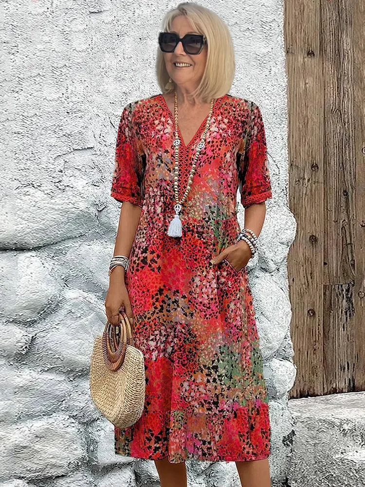 Robe midi Femme Fluide Imprimée Col en V Manches Courtes