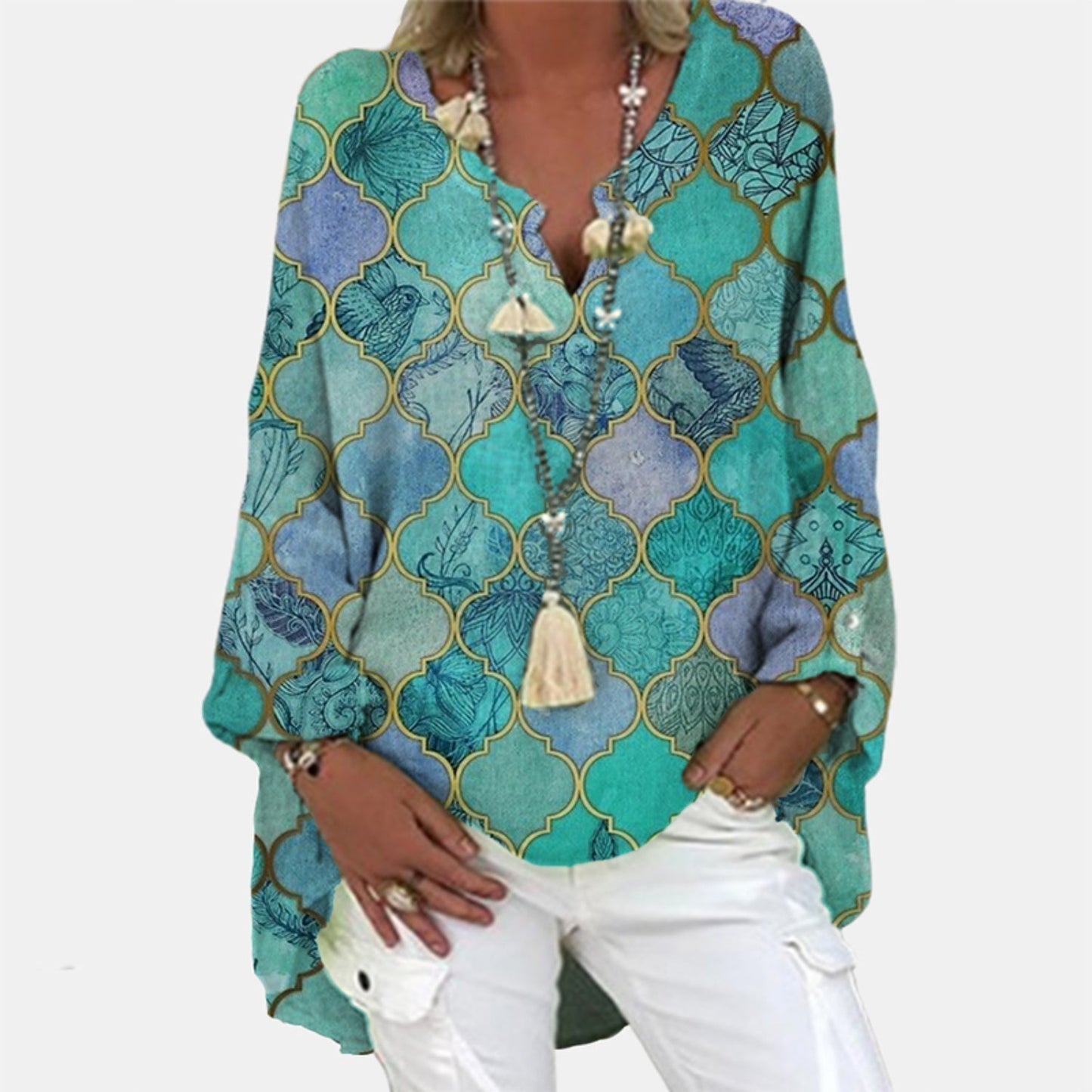 Blouse en Lin Femme Col V Manches Longues Élégante
