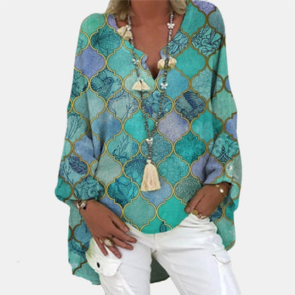 Blouse en Lin Femme Col V Manches Longues Élégante