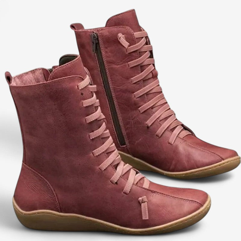 Bottes Femmes à Talon Plat avec Fermeture Éclair et Lacets Confortables