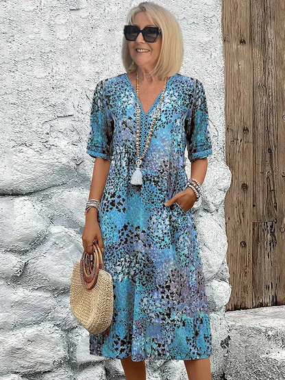 Robe midi Femme Fluide Imprimée Col en V Manches Courtes