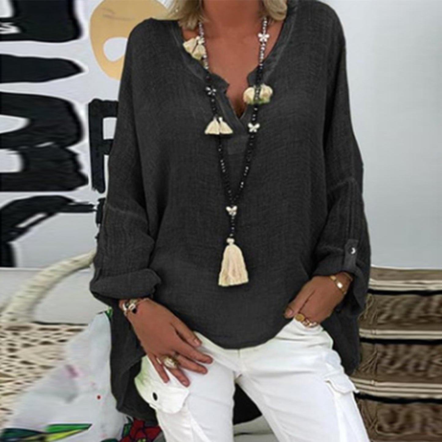 Blouse Femme Été Manches Longues Col en V Décontractée