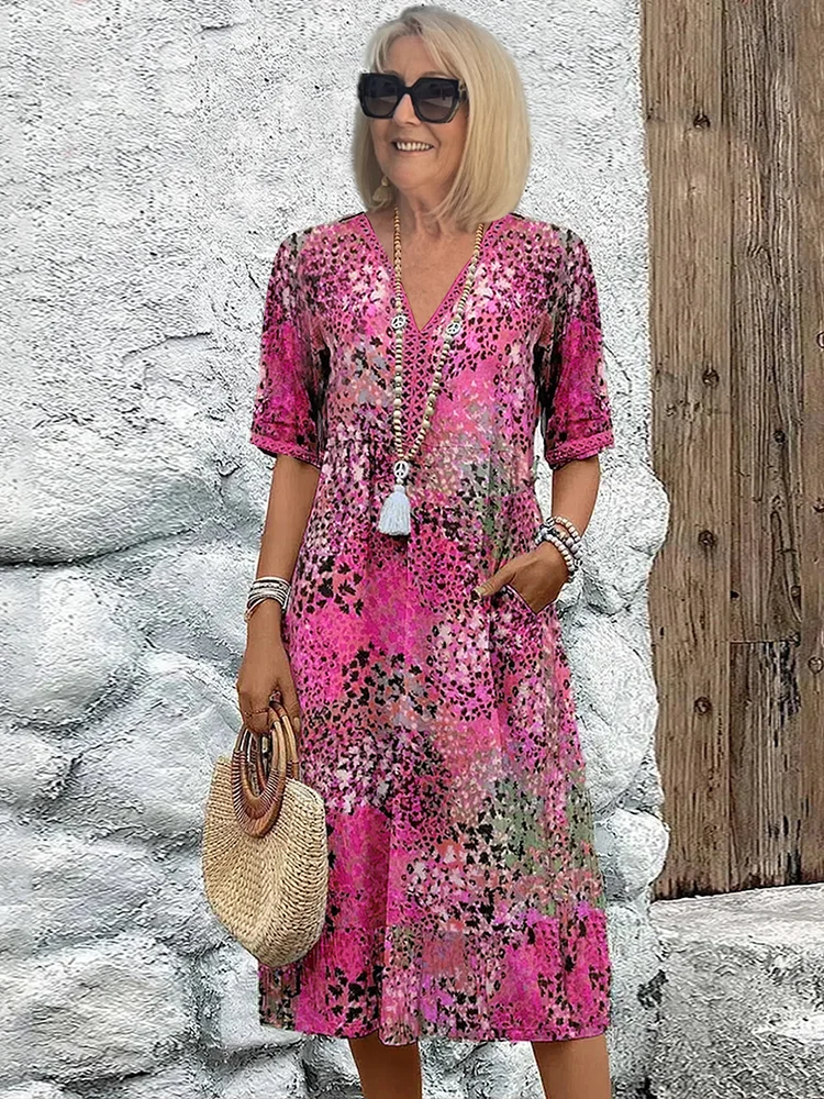 Robe midi Femme Fluide Imprimée Col en V Manches Courtes