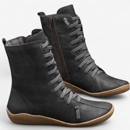 Bottes Femmes à Talon Plat avec Fermeture Éclair et Lacets Confortables - PanierRoyale