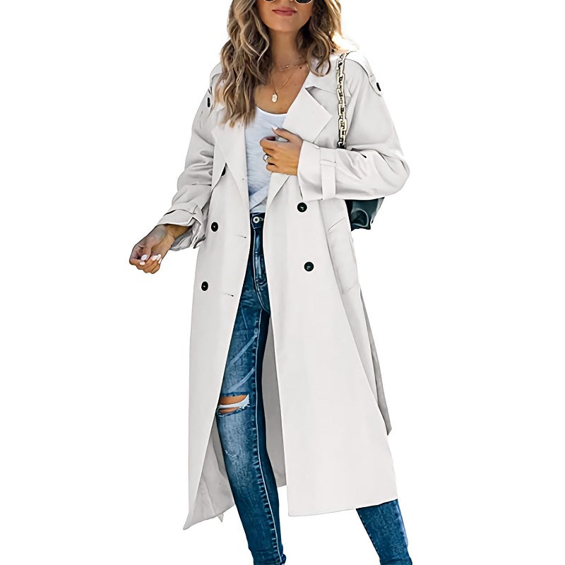 Manteau Femme Long Élégant en Beige avec Double Bouton - PanierRoyale