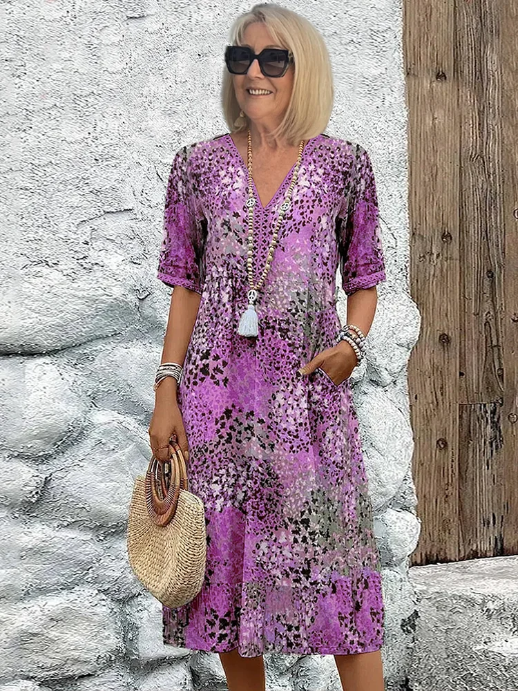 Robe midi Femme Fluide Imprimée Col en V Manches Courtes
