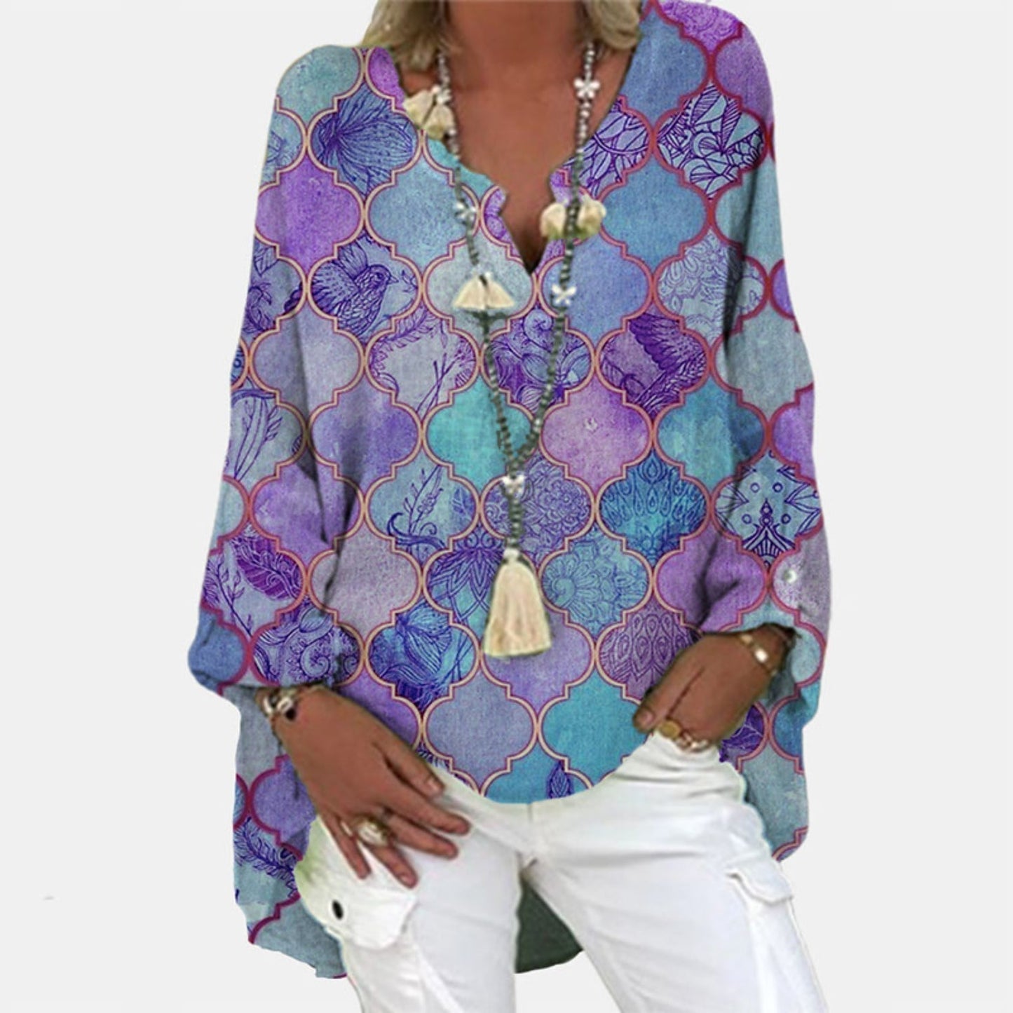 Blouse en Lin Femme Col V Manches Longues Élégante