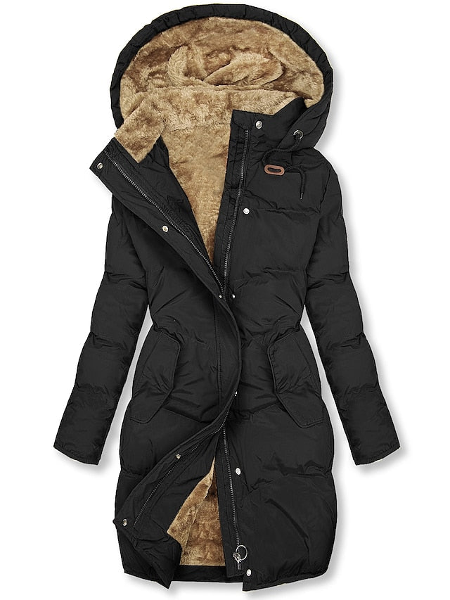 Manteau Long Hiver Capuche Fourrure Élégant Vert Foncé
