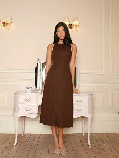 Robe Linen Brune sans Manches Mi-Longueur Élégante