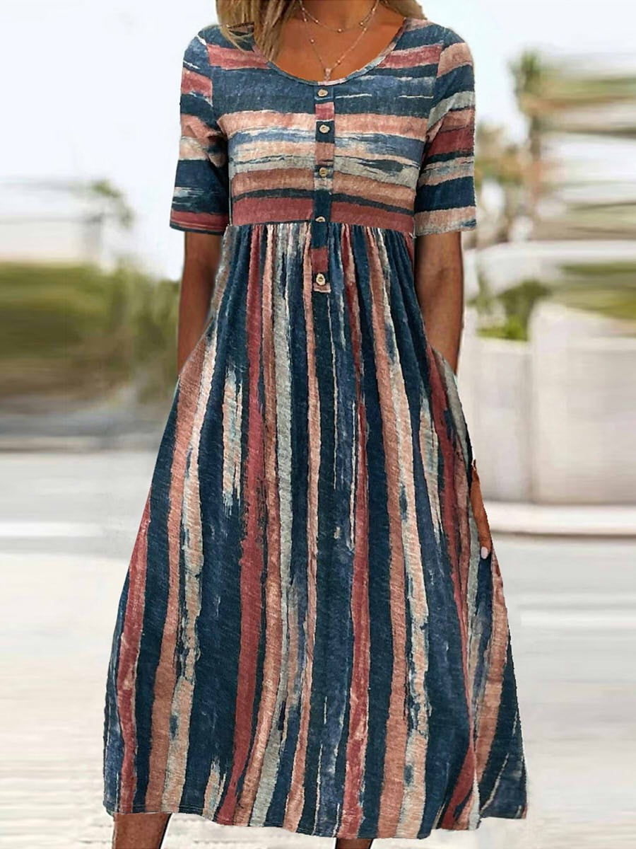 Robe Rayée Femme Élégante Manches Courtes Col Rond - PanierRoyale