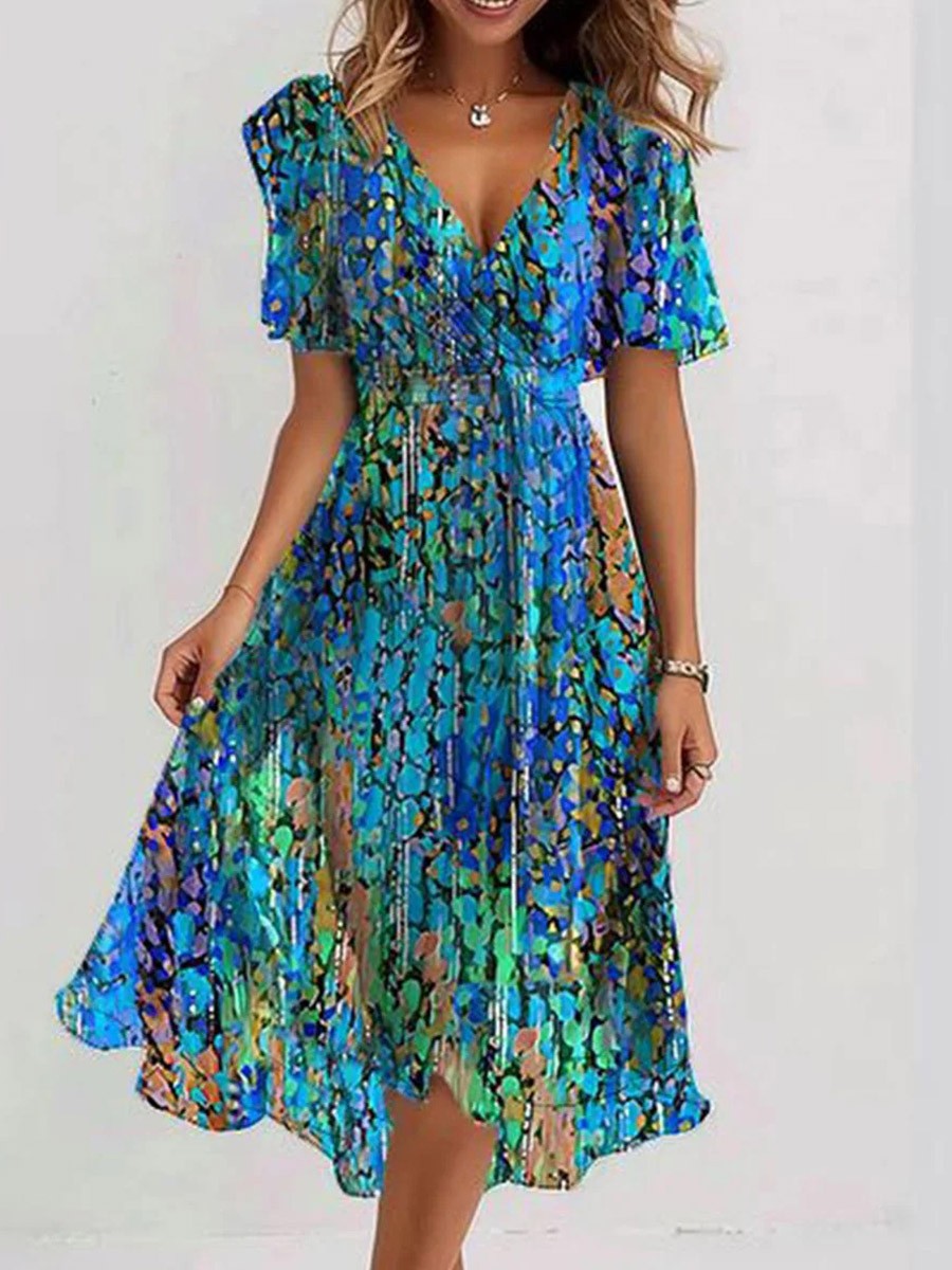 Robe Été Femme Bleu Ciel – Manches Courtes et Col V Détente - PanierRoyale