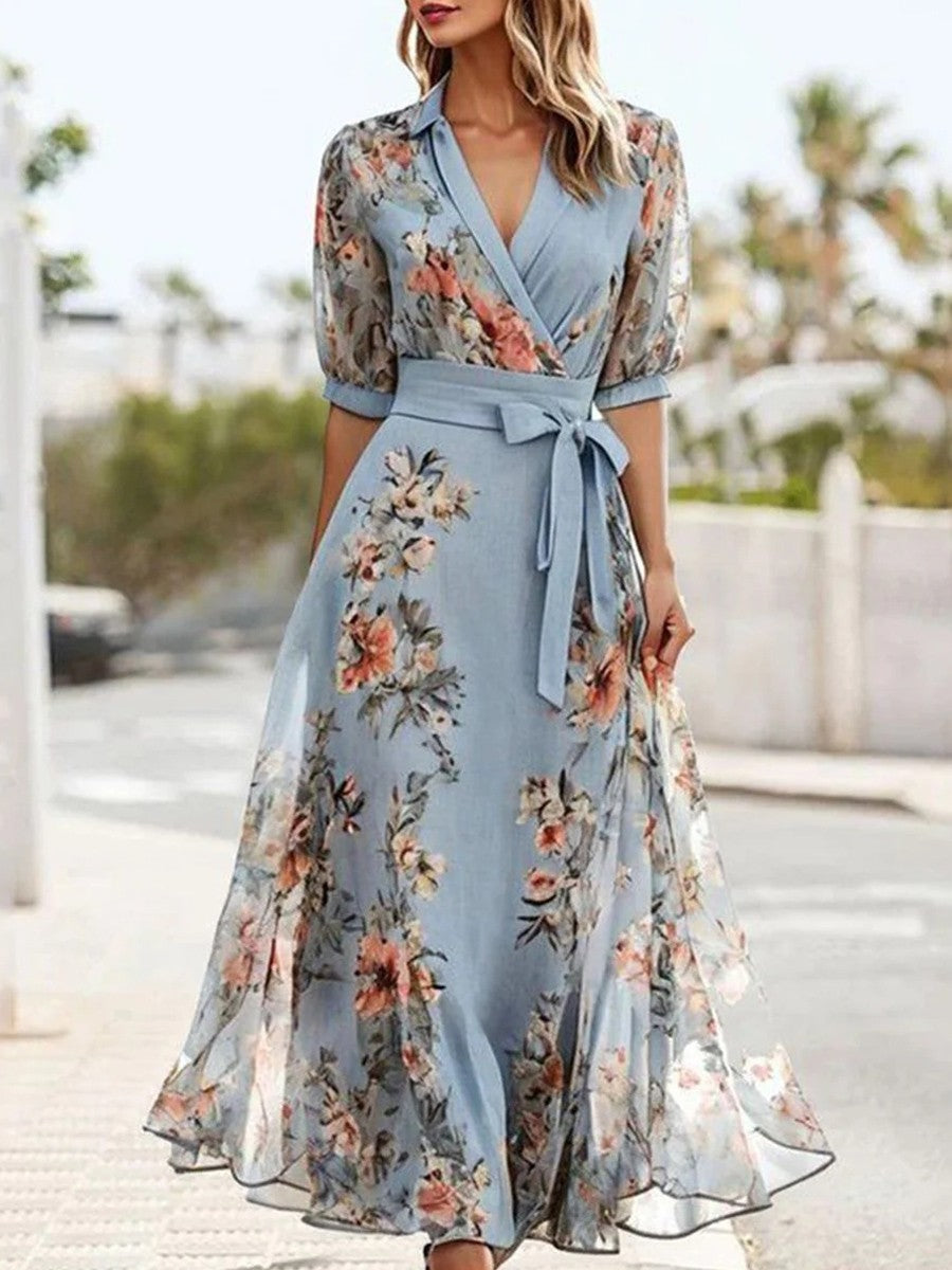 Robe Féminine Bleu Marine Col V Manches Courtes Décontractée - PanierRoyale