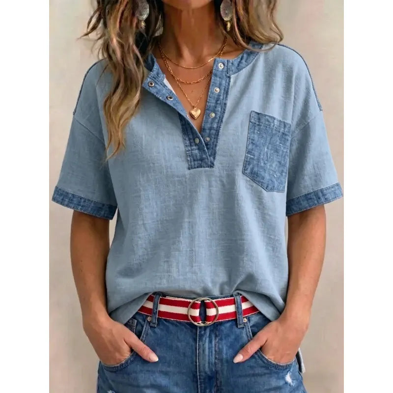 Femme Coton Col en V Détails Denim