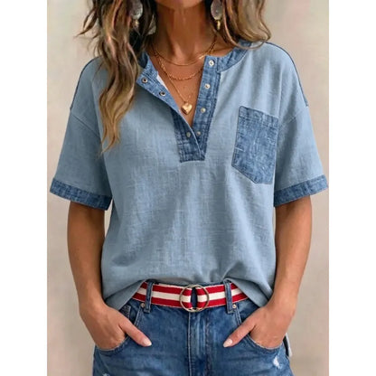 Femme Coton Col en V Détails Denim