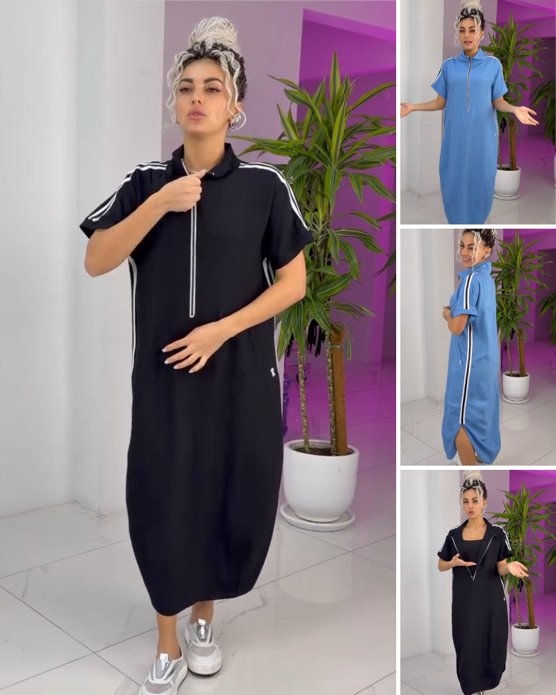 Robe Longue Femme Zippée Col Montant Coupe Fluide Sport Chic - PanierRoyale