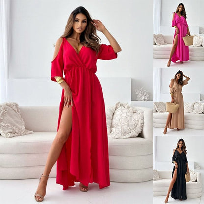 Robe longue Femme Col cache-cœur Épaules dénudées Fente élégante