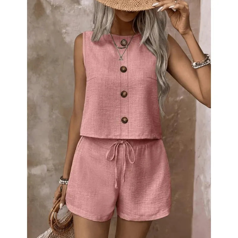 Ensemble Femme Sans Manches Boutonné et Short Ajustable