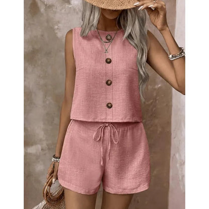 Ensemble Femme Sans Manches Boutonné et Short Ajustable
