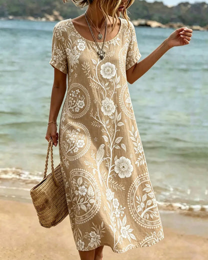 Robe midi Femme Coton Imprimé Floral Style Bohème - PanierRoyale