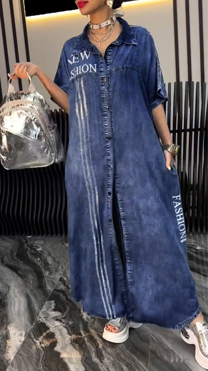 Robe Longue Femme Denim Tencel Boutonnée Coupe Décontractée