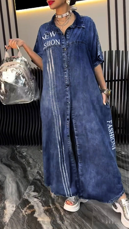 Robe Longue Femme Denim Tencel Boutonnée Coupe Décontractée