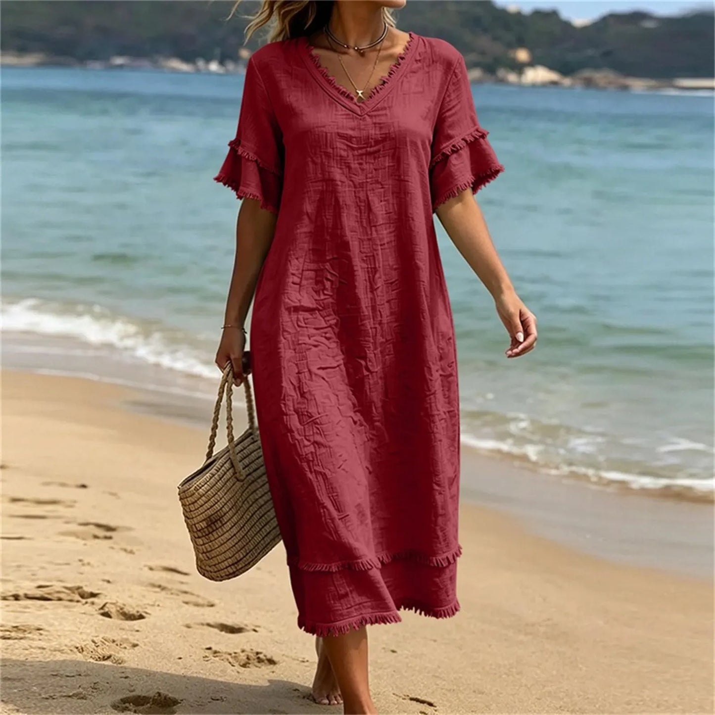 Robe Femme Fluidité Bohème Col en V avec Franges