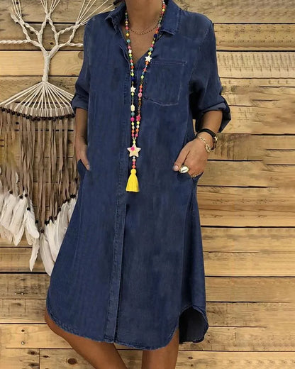 Robe Chemise Femme en Jean Coupe Ample Manches Longues