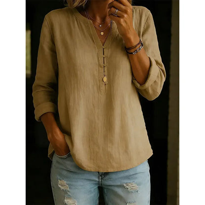 Chemise Femme Coton Col V Manches Retroussables Coupe Ample