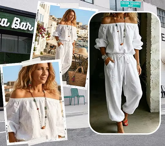 Ensemble Femme Épaules Dénudées et Pantalon Fluide