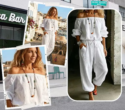 Ensemble Femme Épaules Dénudées et Pantalon Fluide