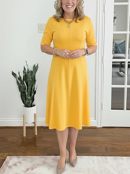 Robe Midi Femme Coupe Évasée Col Rond Manches Courtes