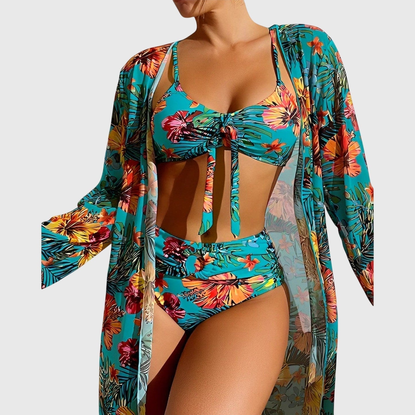 Bikini Trois Pièces Femme Imprimé Tropical Noué Kimono Assorti