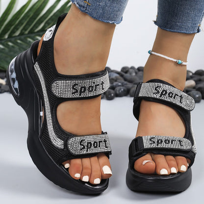 Sandales Femme Plateforme Strass Velcro Semelle Coussin Air