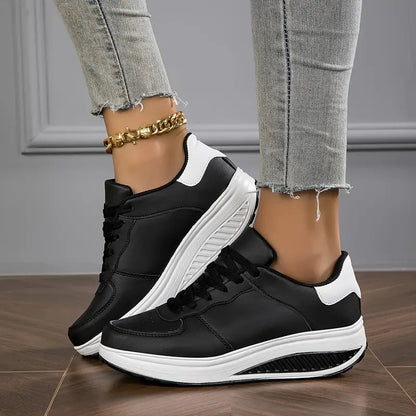 Baskets Femme Cuir Synthétique Semelle Compensée Lacets Minimalistes