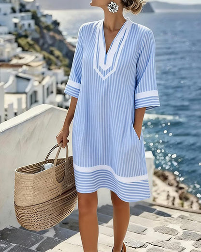 Robe Femme Col en V Manches Courtes Coupe Droite - PanierRoyale