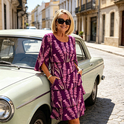 Robe Mi-Longue Femme Tissu Imprimé Volants Superposés Manches Fendues - PanierRoyale