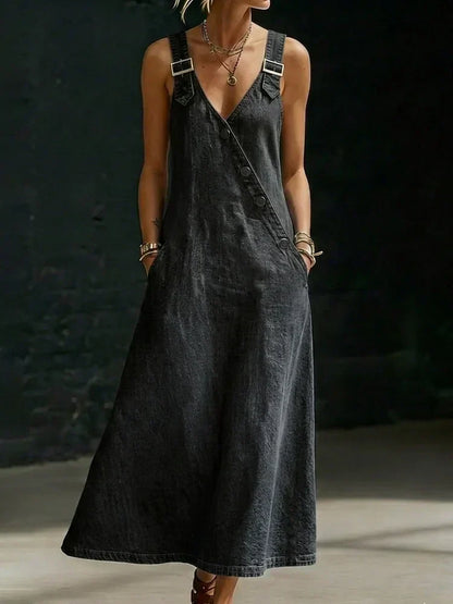 Robe longue Femme en Denim Boutons Asymétriques Bretelles Boucle
