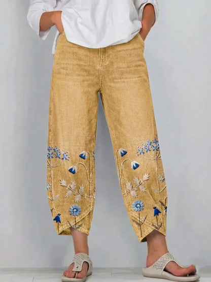 Pantalon Denim Femme Broderie Florale Coupe Droite Style Boho