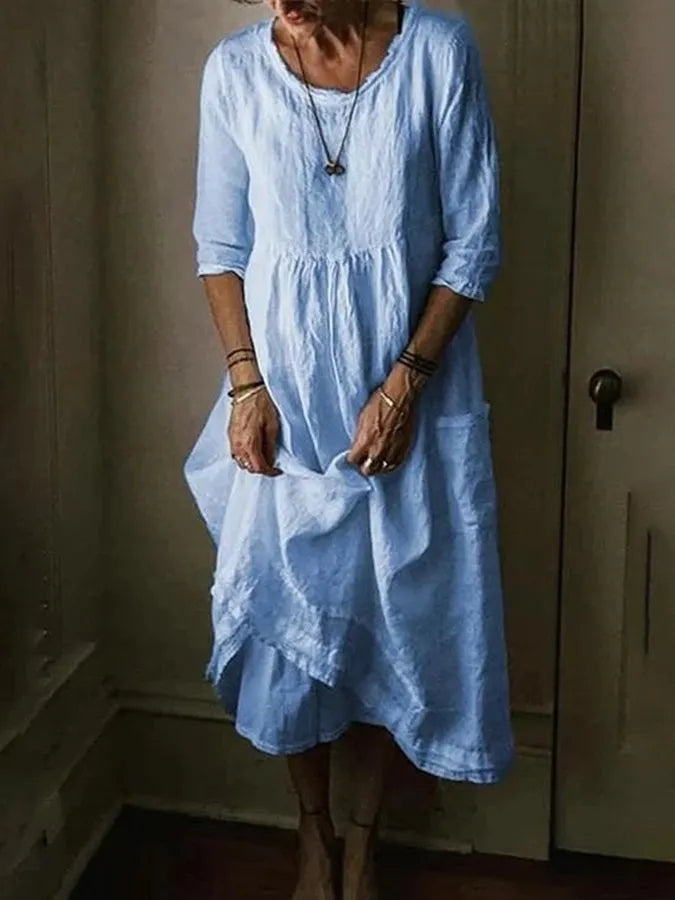 Robe Été en Coton Lin, Col Rond et Manches Courtes