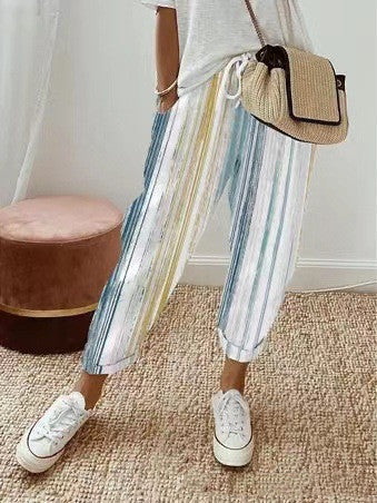 Pantalon femme rayé décontracté coton confortable