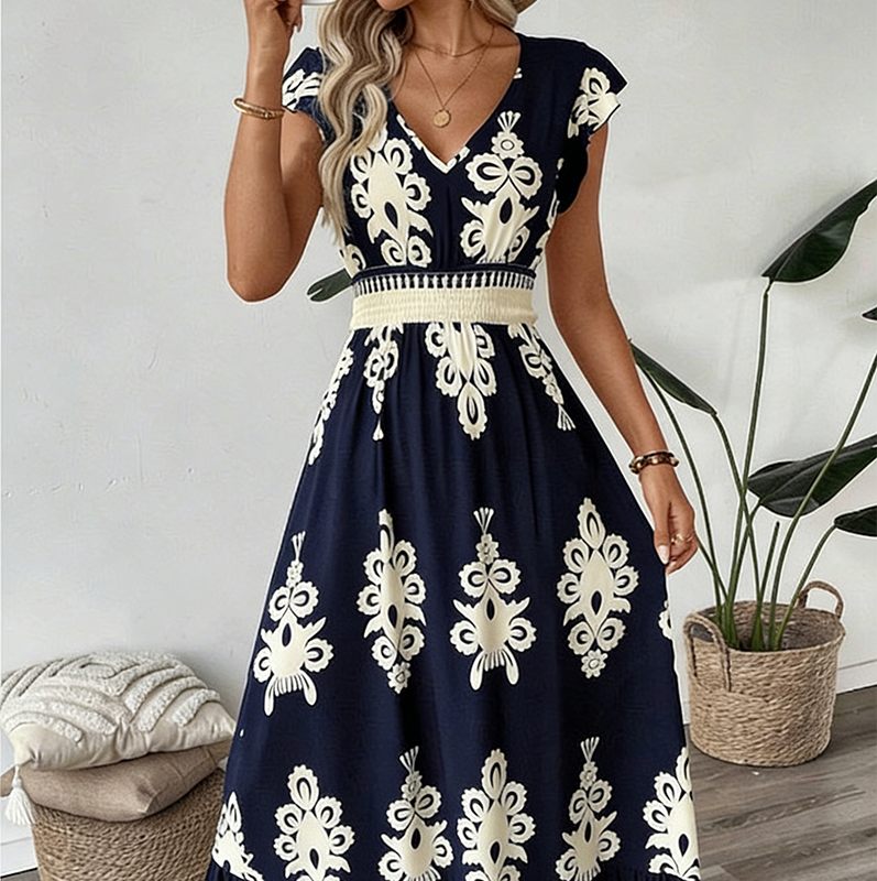 Robe longue Femme Taille smockée Imprimé baroque