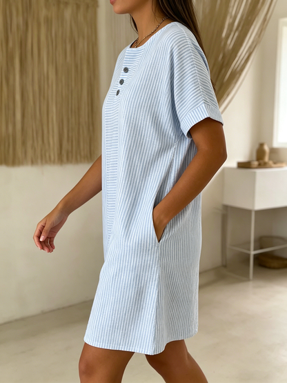 Robe Femme Coton Lin Boutonnée Coupe Ample Col Henley