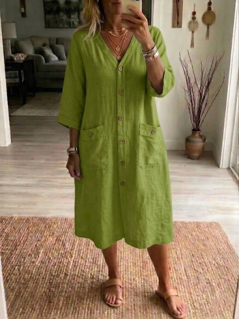 Robe Midi Femme Coton Lin Col en V Boutonnée Coupe Ample