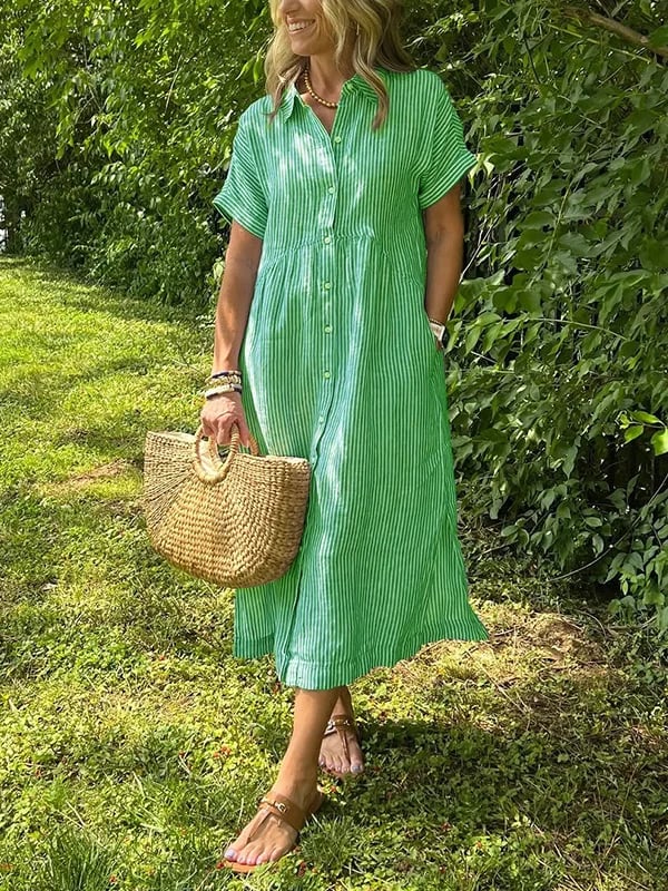 Robe maxi Femme Fluide Boutonnée Col Rond Manches Courtes
