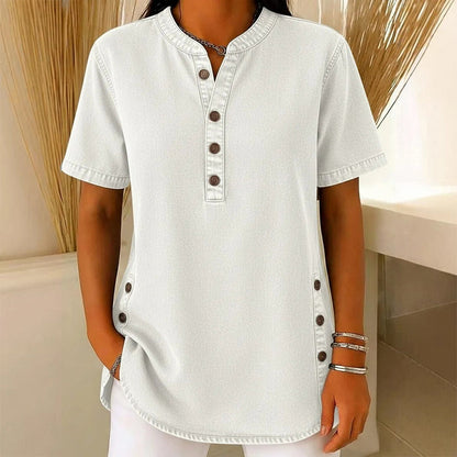 Tunique Femme Denim Léger Manches Courtes Boutons Décoratifs