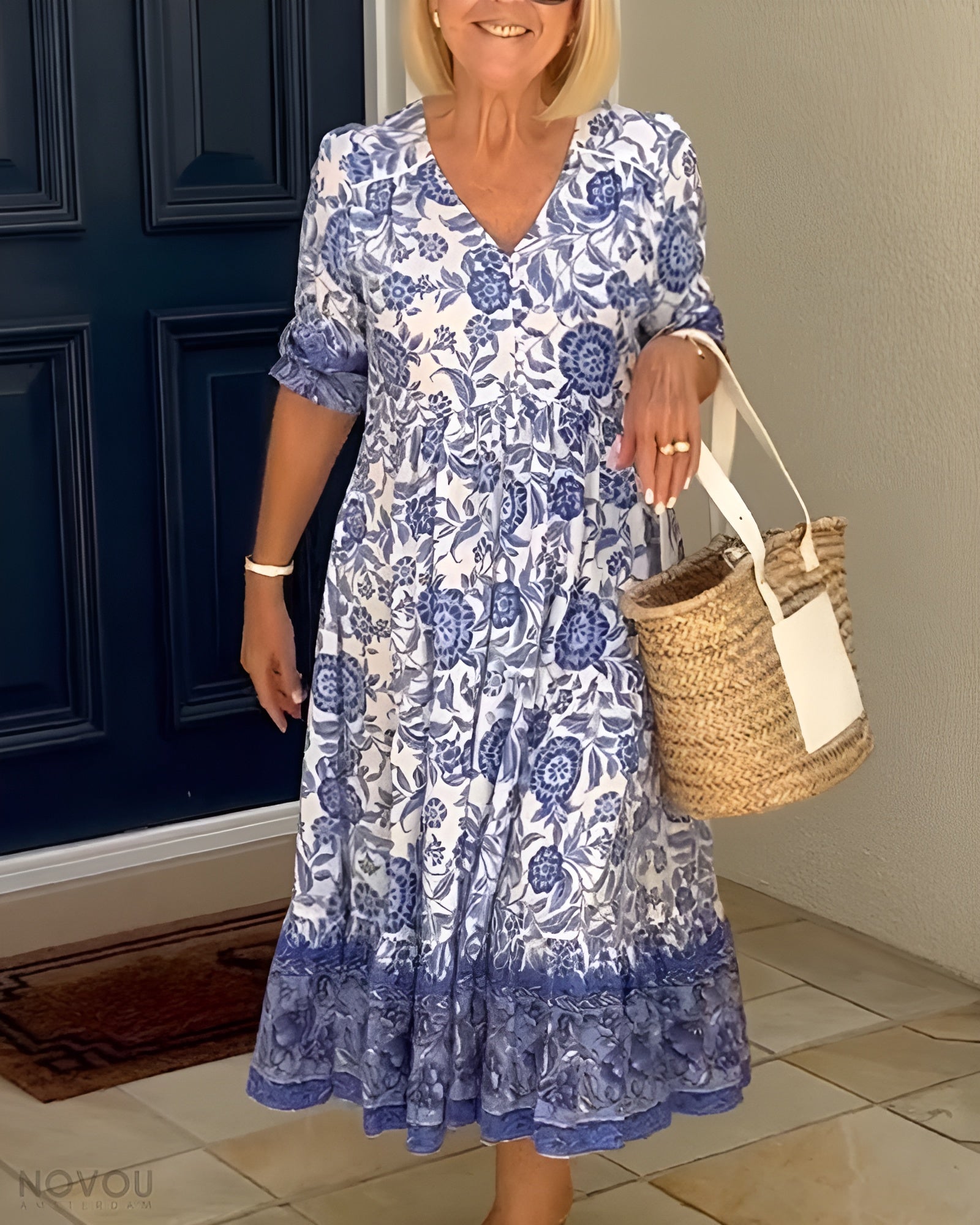 Robe Femme Fluide Imprimé Floral Col V Manches Courtes - PanierRoyale