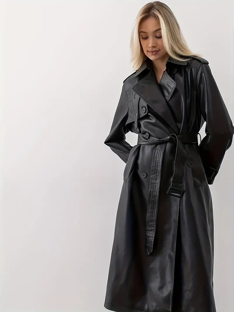 Trench-coat Femme Effet Cuir Ceinturé Coupe Élégante Longue